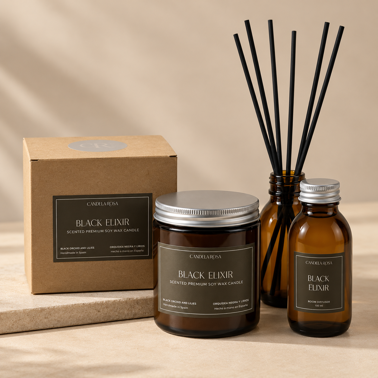 Pack vela aromática artesanal y ambientador mikado Candela Rosa